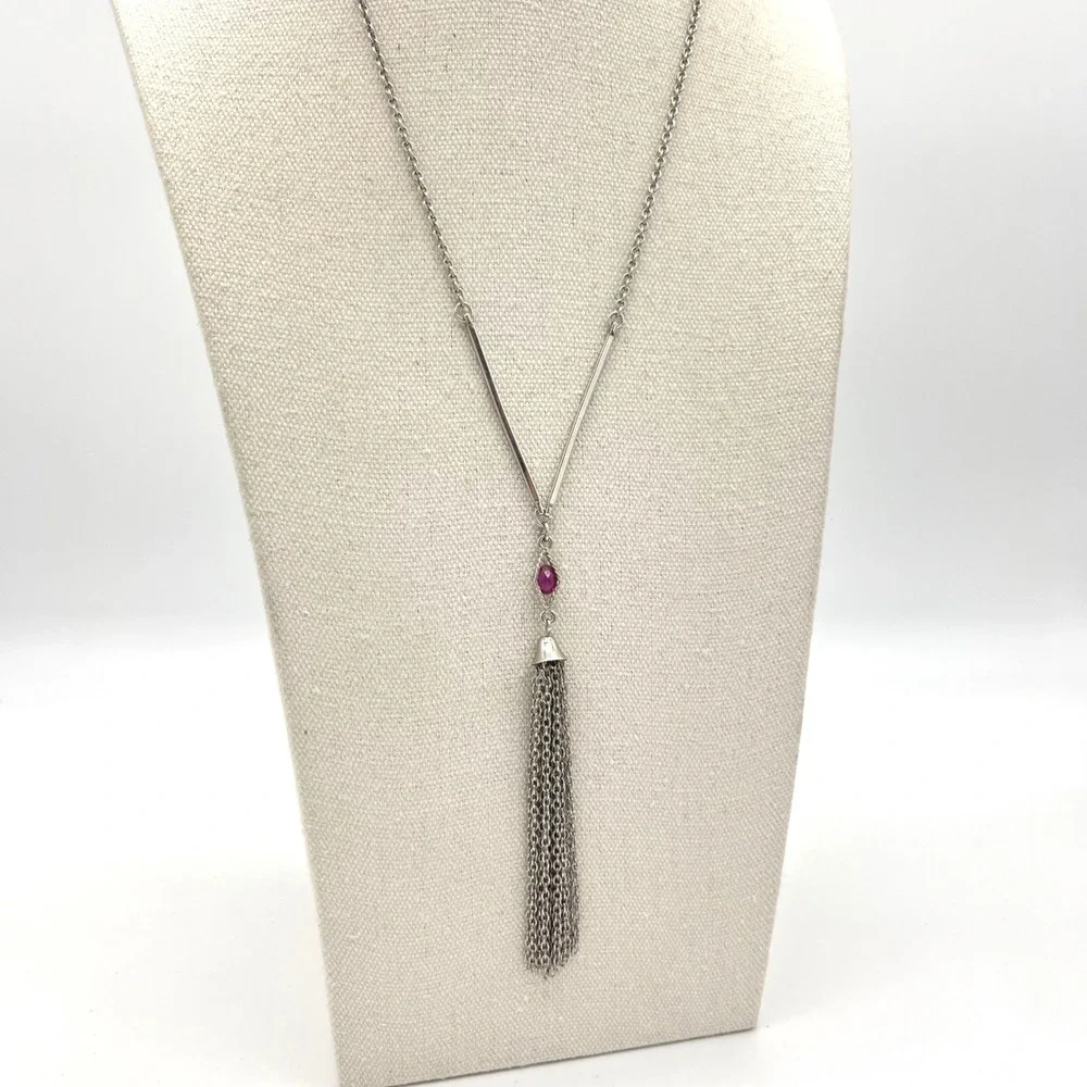Sarah Coventry Vintage Silver Tone Pink Rhinestone Strand‎ Tassel Y Necklace